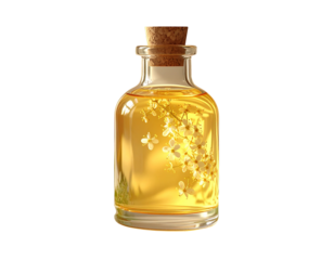 Glass Bottle of Elderflower Syrup with Floating Flowers, Close-Up Detail, isolated on transparent background