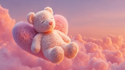 Cloud Dream: A soft, fluffy teddy bear nestled in a pink heart floats peacefully amongst dreamy clouds, evoking feelings of comfort, and imagination.