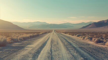 Desert Road With Distant Mountains in Americana Western Cinematic Atmosphere