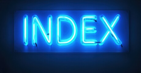 Bright blue neon sign spells INDEX against dark background. Rectangular shape, modern aesthetic, simple design. Illuminated letters stand out.