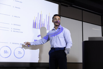 Hispanic male pointing at bar chart, bullet list, percent charts in meeting room using pointer