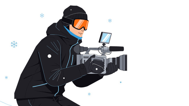 Winter cameraman capturing snowy moments in dynamic flat style