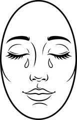 Flat vector illustration, emotional face art, crying expression, black and white line drawing, serene sadness, symbolic tears, minimal portrait