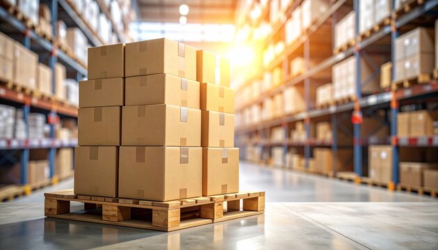 Stacked cardboard boxes on a wooden pallet in a warehouse aisle under warm sunlight, symbolizing logistics, storage, and supply chain management for e-commerce fulfillment and distribution operations