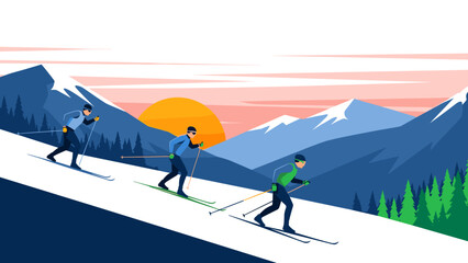 Sunset skiing adventure: three skiers descend snowy mountain slope with majestic background