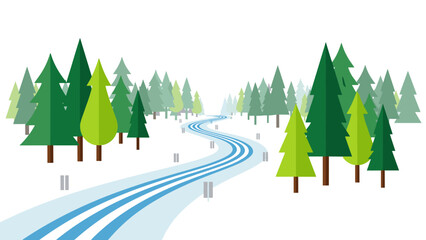 Minimalist pine tree forest with snowy winding road
