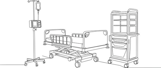 Obraz premium Hospital room equipment line art illustration with patient bed, IV stand and medical trolley in clean minimal vector style