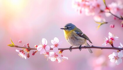 Obraz premium A small bird perched on a cherry blossom branch during springtime.