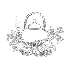 Cinnamon Tea in Teapot aroma beverage Outline Illustration. Vector isolated for Design and Decoration for Cafeteria, Posters, Banners, Cards.