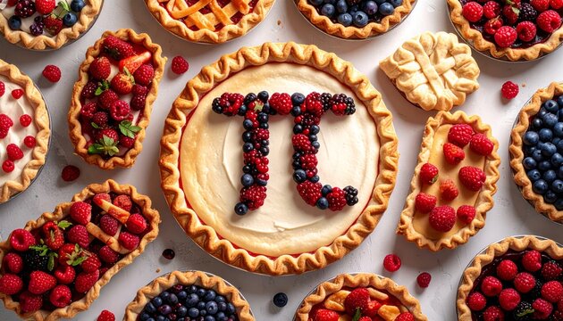 Delicious Assortment of Fruit Pies and a Central Pi Symbol Pie.