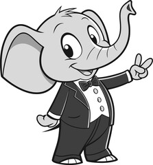 Obraz premium A cartoon-style image of a young elephant wearing a formal tuxedo, centered on a white background. The elephant is depicted in a full-body view and stands upright, facing forward, conveying a friendly