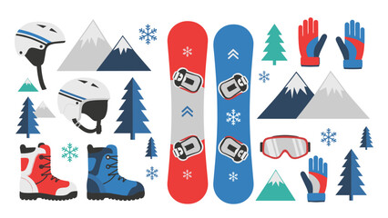 Winter sports gear collection featuring snowboards, helmets, and gloves