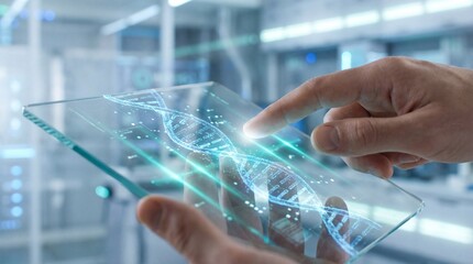 A close-up view of a high-tech tablet screen displaying a DNA helix, held by a person's hand, against the backdrop of a modern laboratory.