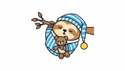 Fototapeta premium A cute cartoon sloth wearing a blue striped sleeping cap and pajamas, holding a teddy bear while sleeping on a tree branch.