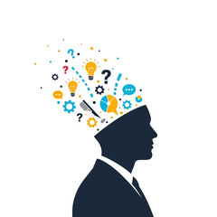 Business Man Silhouette Head with Ideas, Thoughts, and Innovation Symbols