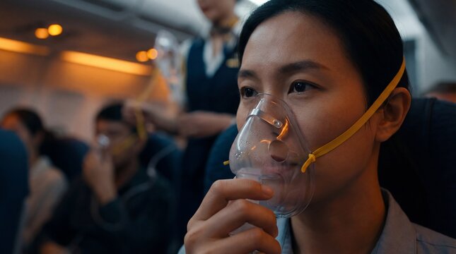 A passenger wearing oxygen mask during a emergency. Capturing the tension and uncertainty of an in-flight emergency.
