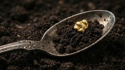 A glistening nugget of gold rests in a vintage spoon filled with rich earth, creating a striking contrast between the precious metal and the natural elements.