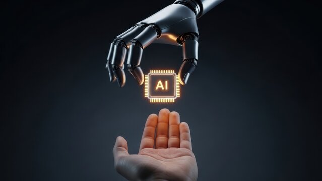 Robot hand offering AI cube to human hand concept
