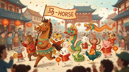 Naklejka premium Colorful celebration scene with animals in traditional outfits during a festival in a town square with decorations and many people watching Generative AI