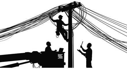 A striking depiction of electrical linemen working on high voltage power lines showcasing a dangerous job and teamwork silhouette high quality
