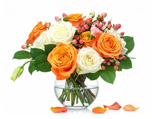 Obraz premium Bouquet of white and orange roses in a glass vase (1)