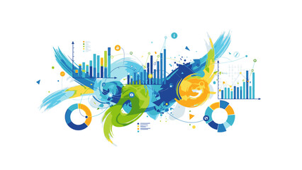 Obraz premium Vibrant abstract composition with blue, green, and orange shapes, bars, and circles on a white background, conveying a dynamic and energetic mood with a mix of artistic and statistical