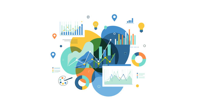 Flat lay of colorful infographic elements and graphs on a white background with a mix of blue, green, orange and yellow hues.