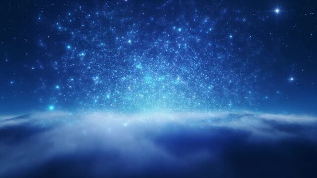 Ethereal deep space nebula with twinkling stars and glowing cosmic dust clouds drifting above