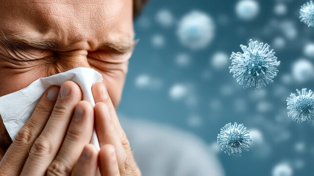 Man sneezing with airborne allergens causing seasonal reaction