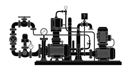 Fototapeta premium a detailed illustration showcases a complex piping and pump system configuration in a striking black and white silhouette high quality professional