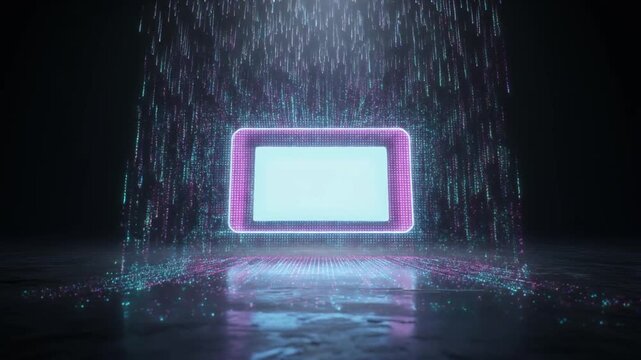 Futuristic Digital Hologram Panel Materializing with Falling Data Particles and Glowing HUD Interface