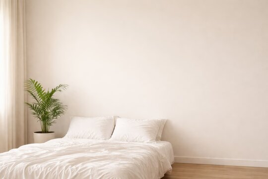 Bedroom Corner With White Linen And Plant.
Minimal bedroom corner with white linen and single plant near empty wall in soft morning light for sleep wellness and calm interior design.