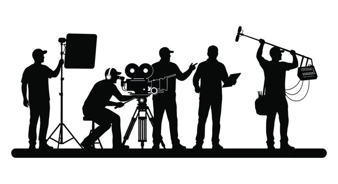 a dramatic depiction of a film crew working diligently on a movie set showcasing the art of filmmaking silhouette high quality