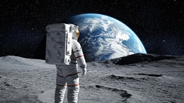 Astronaut standing on the moon's surface gazing at Earth from a unique lunar viewpoint using artificial intelligence technology for space exploration
