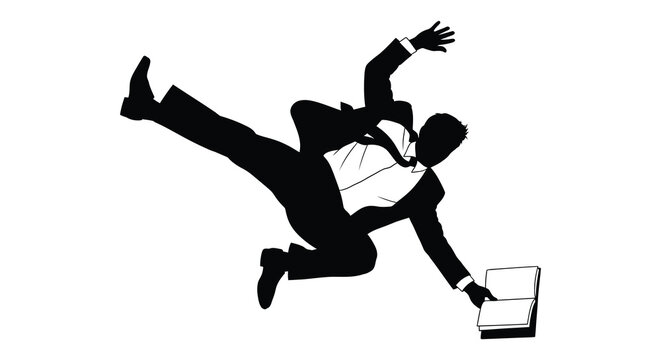 A dynamic depiction of a man in a suit dramatically falling with papers showcasing a striking black silhouette high quality professional