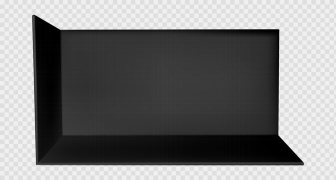 3d booth with corner stand mockup and black wall for exhibition tradeshow event. Empty stage room with backdrop showroom display and office interior floor. Render perspective design for trade show