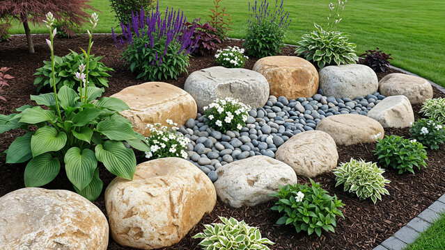 landscape garden design with stones and pebbles