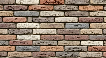 Obraz premium Multicolored textured brick wall with beige red brown and gray bricks in horizontal pattern multicolored bricks
