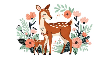 Heartwarming mother's day illustration of doe and fawn surrounded by vibrant flowers