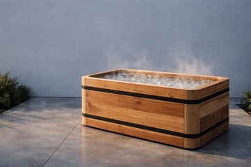 Cedar Wood Ice Bath On Minimal Outdoor Terrace.
Minimalist wooden ice bath with steam on modern concrete terrace and large copy space, showing premium cold therapy and home wellness lifestyle concept.