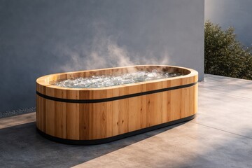 Cedar Wood Ice Bath On Minimal Outdoor Terrace.
Minimalist wooden ice bath with steam on modern concrete terrace and large copy space, showing premium cold therapy and home wellness lifestyle concept.