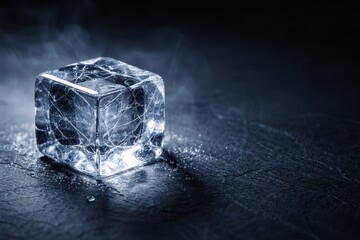 Cracked Ice Cube On Dark Slate Surface Macro View.
Close up of transparent ice cube with frost and mist on stone background with copy space, illustrating cold texture and minimalist recovery concept.