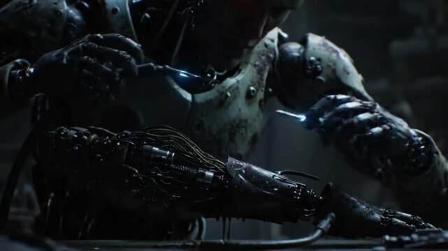 A futuristic robotic creature with artificial intelligence lies on a metallic surface in a dark industrial environment from a close-up viewpoint