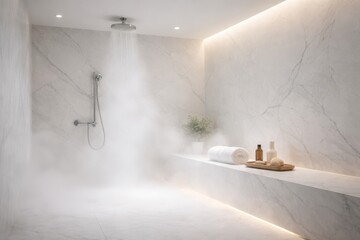 Luxury Mist Shower In Minimal Spa Bathroom.
Soft vapor shower in modern marble bathroom with empty space, presenting tropical mist function and premium home spa wellness experience.