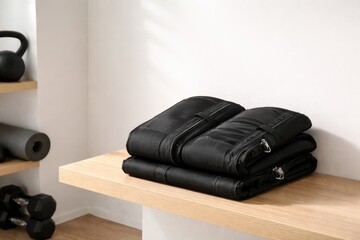 Black Compression Boots On Shelf In Home Gym.
Minimalist recovery boots folded on wooden shelf with copy space, showing high tech cold therapy equipment in modern wellness interior.