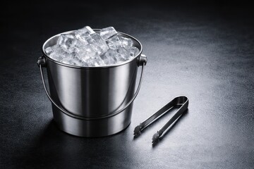 Stainless Steel Ice Bucket With Perfect Cubes.
Minimal ice bucket with crystal cubes on dark surface and copy space, showing cold preparation ritual and premium recovery wellness aesthetic.