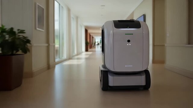 Autonomous meal delivery robot moving through senior living facility corridor
