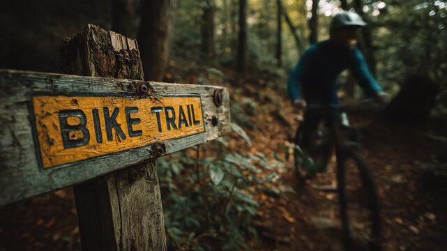 A cyclist navigates a dirt path marked with a weathered BIKE TRAIL sign among lush green trees in a sun dappled forest