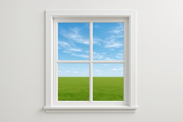Obraz premium Minimalist interior view of white-framed window showing bright green field and blue sky with soft clouds in a clean, modern style wall background. Ai generative
