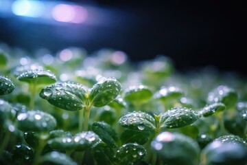 Water Drops On Microgreens In High Tech Chamber.
Macro view of droplets on fresh leaves under colored led light with large dark copy space, showing scientific gardening and wellness innovation.